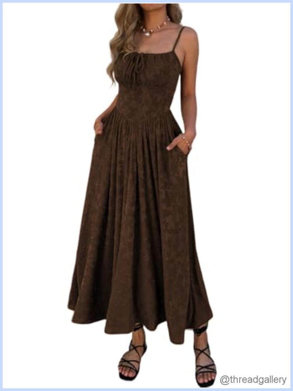 Women's Floral Maxi Dress Spaghetti Strap Sleeveless A-Line Tie Front Pockets